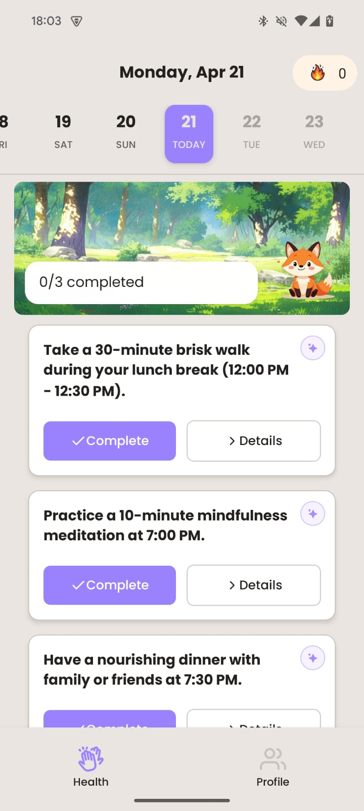VitaVerse App showing personalized tasks and virtual pet